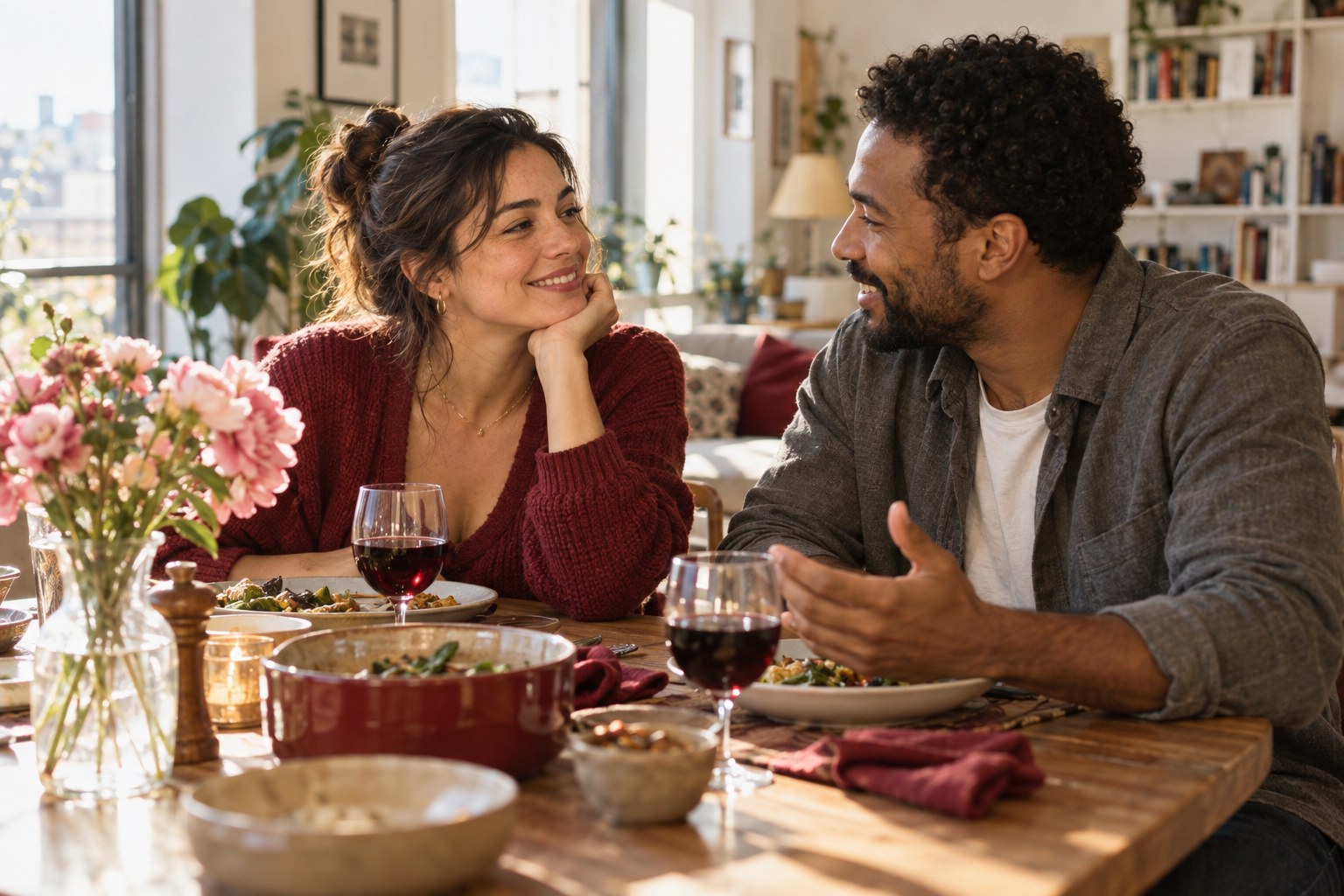 A couple sharing a warm conversation over dinner